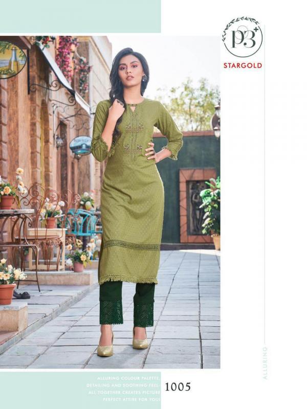 P3+ Star Gold Rayon Designer Kurti With Bottom Collection